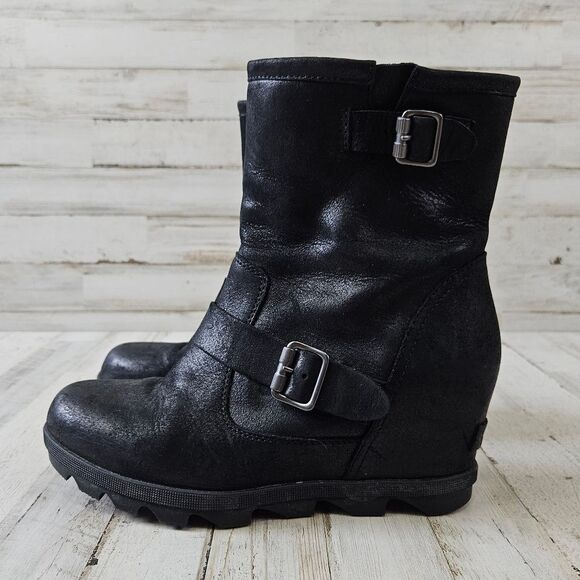 Sorel Joan Of Arctic II Black Suede Leatger Buckle Wedge Boots - Picture 1 of 9